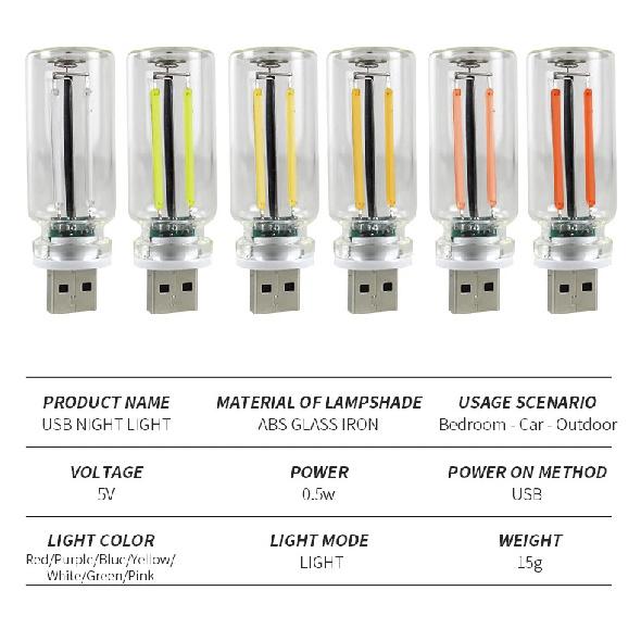 Car Atmosphere Light USB Night Light Touch Dimming LED Filament Lamp Portable Lighting Plug&Play Decorative Ambient Lamp
