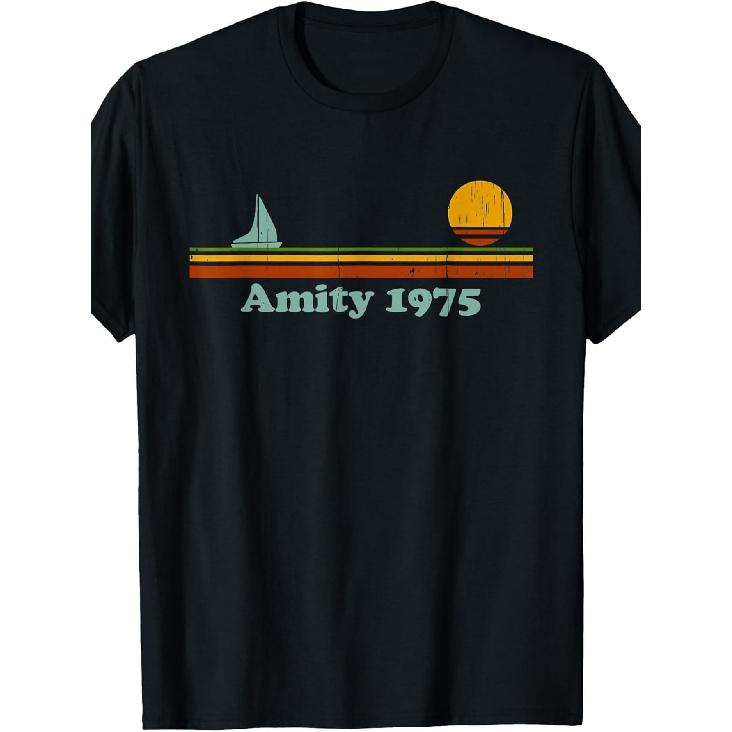 Vintage Amity 1975 Sailboat & Amity Island Logo T-Shirt - 70s Retro Nautical Graphic Tee, Soft Cotton Relaxed Fit Unisex Shirt for &, Casual Summer S чёрный