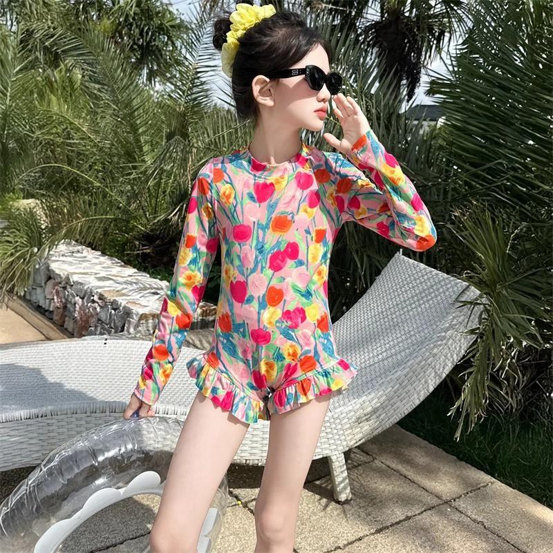 Girls Long Sleeve One-Piece Swimsuit With Floral Print Ruffled Hem Front Zipper UPF Protection Quick-Dry
