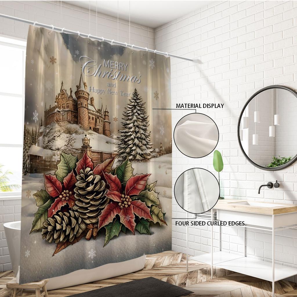 1Pc Merry Christmas Printed Waterproof Shower Curtain Partition Privacy Hanging Curtain, With 12 Hooks, Easy To Install