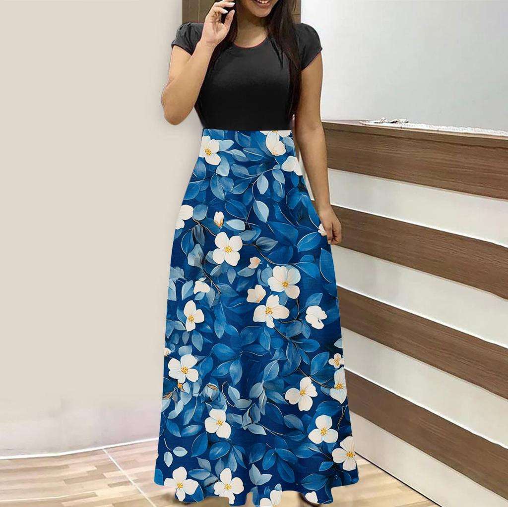 Damenmode Lässig Locker Bedruckt Rundhals Kurzarm Lange Kleider Kurzarm Lange Kleider