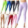 M-XL Damen Leggings mit breitem elastischem Bund Unifarbene glänzende dehnbare Hosen für Yoga Pilates Workout Bodybuilding