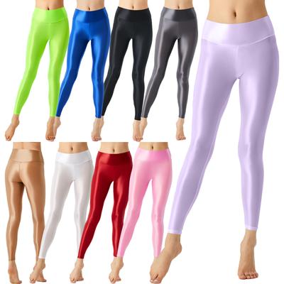 M-XL Women Wide Elastic Waistband Leggings Solid Color Glossy Stretchy Pants for Yoga Pilates Workout Bodybuilding