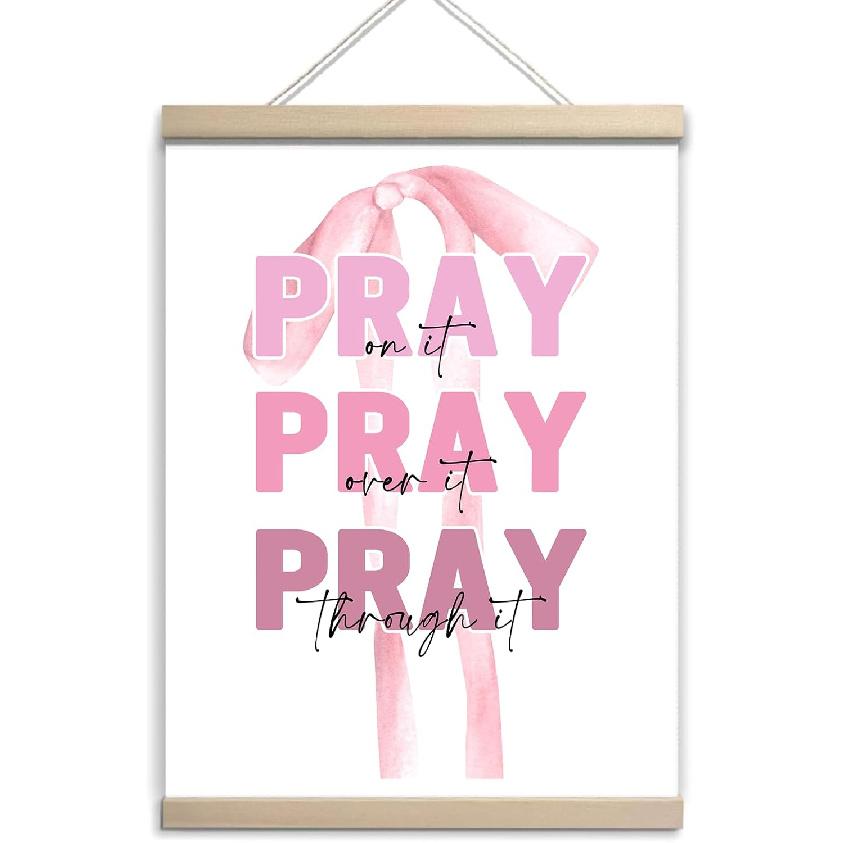 zaxek Bow Decoration Girly Room Decor, Pink Posters Room Decor Aesthetic, Coquette Office Wall Art Accessories- Pray on it Pray over it - Pink Pray