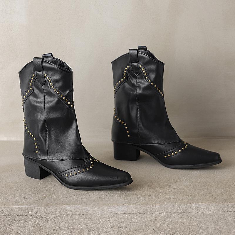 Retro European and American short boots autumn and winter design sense rivet pipe boots small pointed western cowboy knight boots
