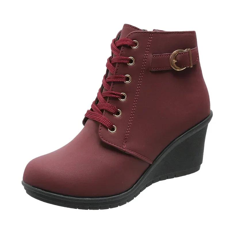 Retro Wedge Thick Bottom Round Toe High Heels Short Boots Lace Up Autumn Winter Warm Platform Ethnic Style Ankle Boots2025