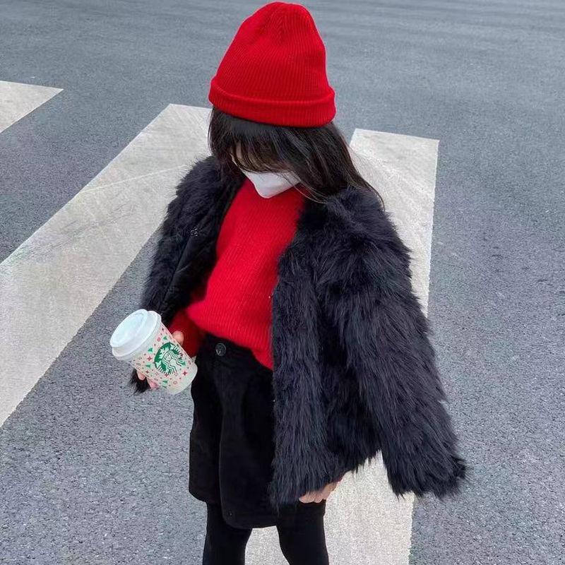 Autumn Winter Children's Fur Coat Girls Versatile Baby Solid Color Round Neck Fur Top Round Collar