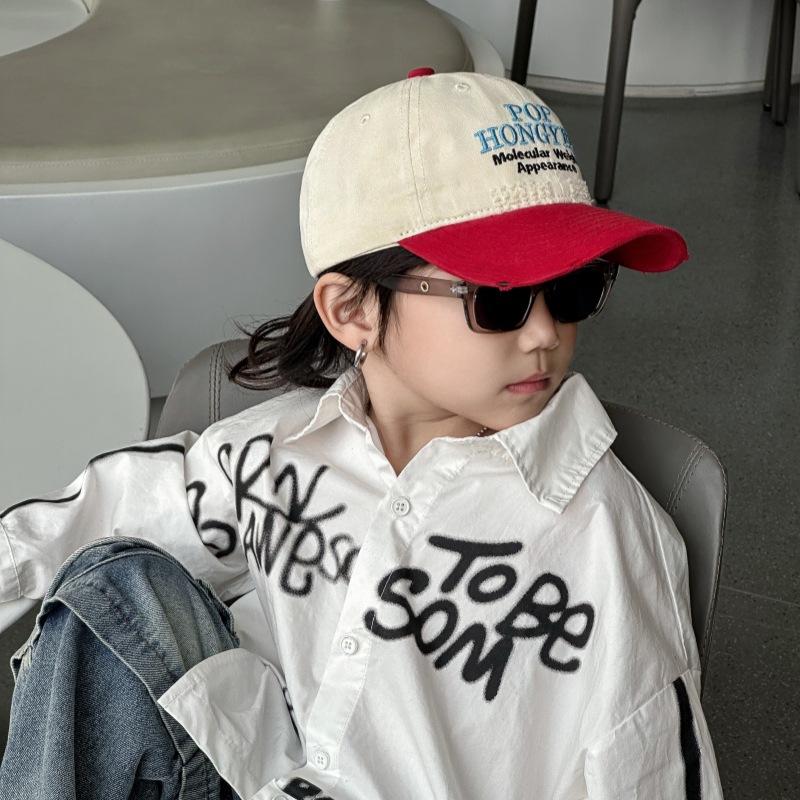 Children's American Retro Ripped and Fashionable Letter Embroidery Color blocking Bay Brim Spring and Autumn Soft Top Hat Casual Baseball Hat