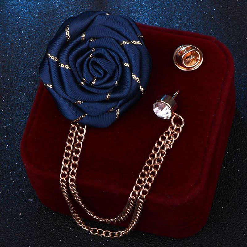 Men Wedding Brooches Cloth Art Handmade Rose Flower Brooch Lapel Pin Badge Tassel Chain Men'S Suit Accessories Groom Boutonniere