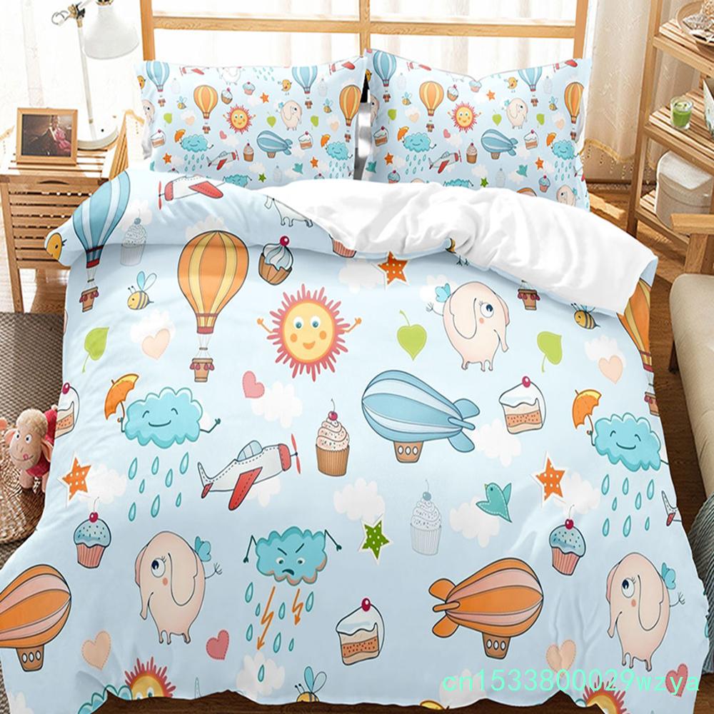 Hot Air Balloon Duvet Cover Set Single King Cartoon Animal Bedding Set Cute Sika Deer Elephant Comforter Cover For Kids Teens