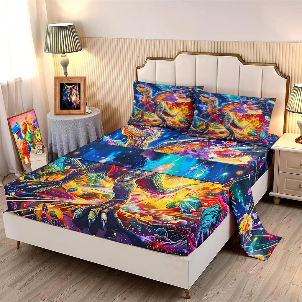 Cartoon Little Dinosaur Pattern Bed Hat Four-Piece Bedding Set Bedroom Dormitory Bedding Decoration