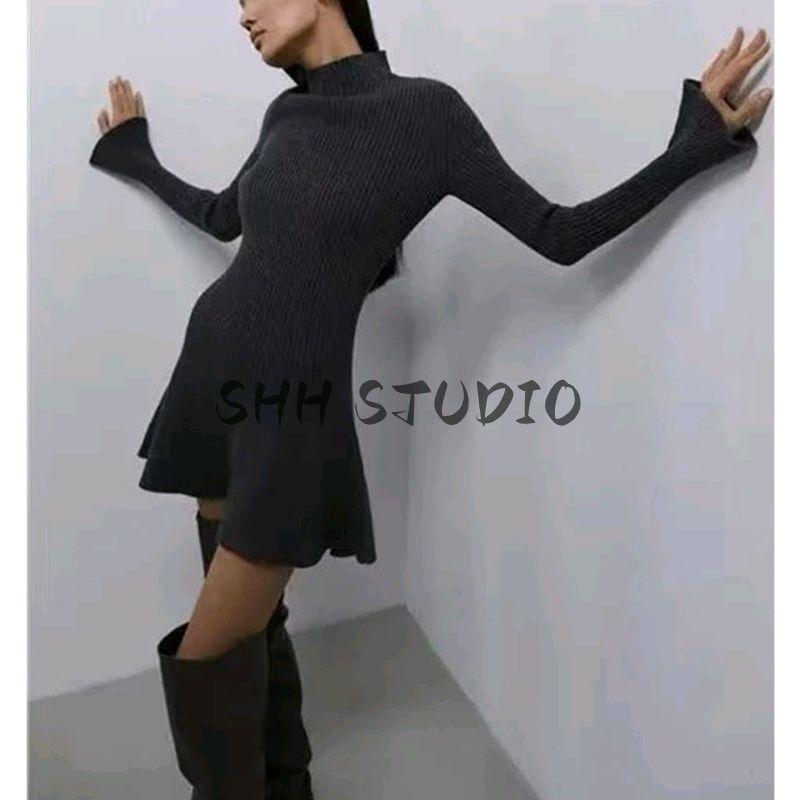 Autumn New Women clothes French style Idle Style Half-high Collar Long sleeve Waist Hugging A- Shaped Wool Knitting Short Dress