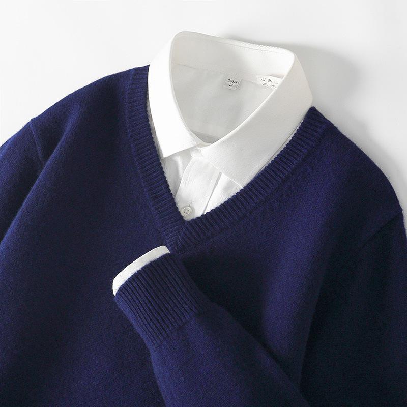Men's Wool V-neck Sweater - Casual Loose Fit, Long Sleeve, Autumn/Winter Knitted Outerwear.