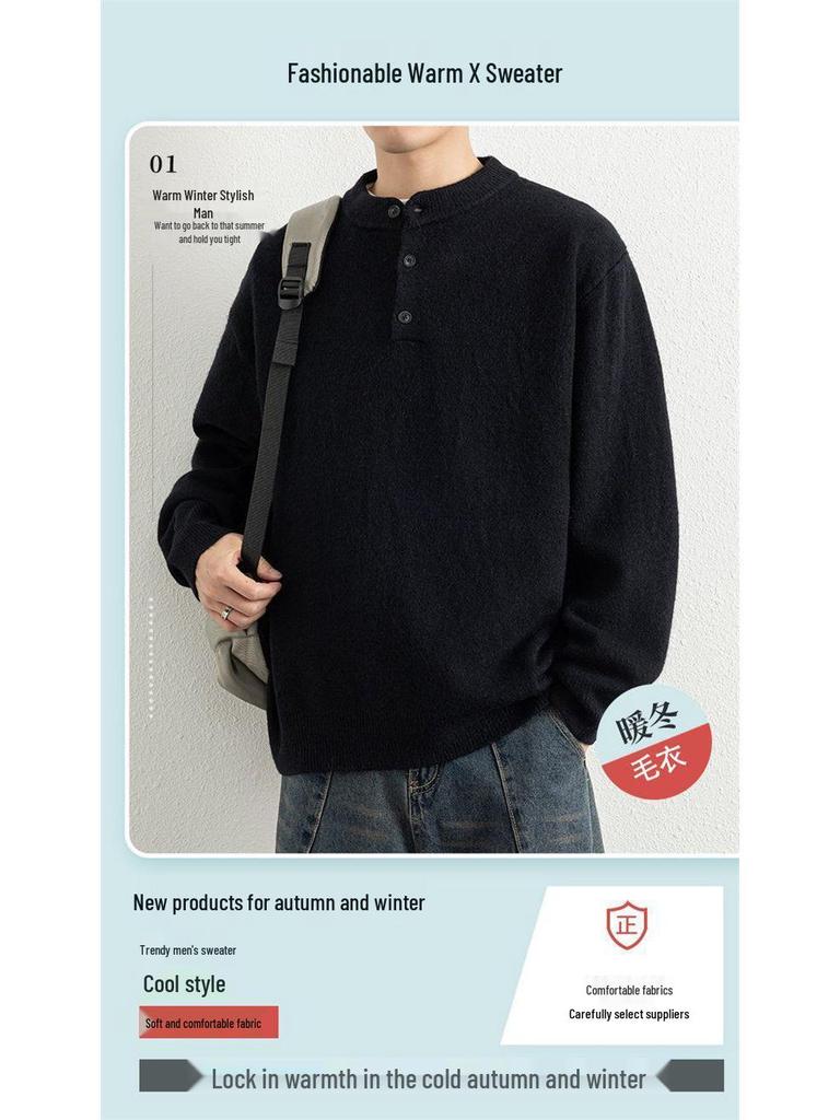 Men's Trendy Loose Henley Knit Pullover for Autumn/Winter 2025