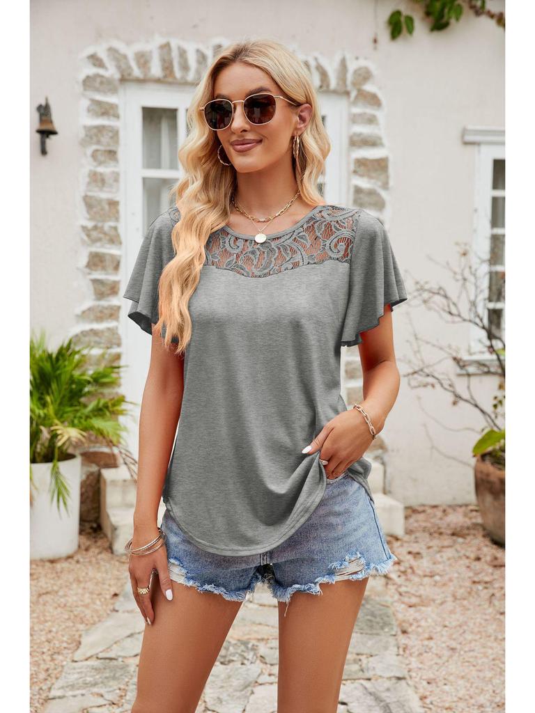 European and American Women's Solid Color Mesh Ruffle Short Sleeve T-shirt