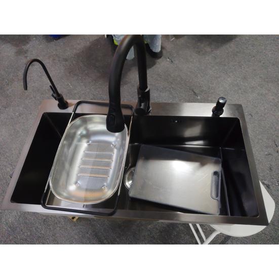 Black Kitchen Sink, Embedded/Top Mounted Stainless Steel Workbench Sink with Cutting Board & Drainage Basket, Single Bowl Sink with Accessories (31.5