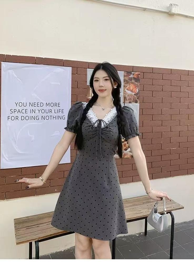 Lace French Hepburn Style Grey Premium Short Sleeve Dress Women's Summer Pear Shape Waist Skinny Polka Dot Short Skirt