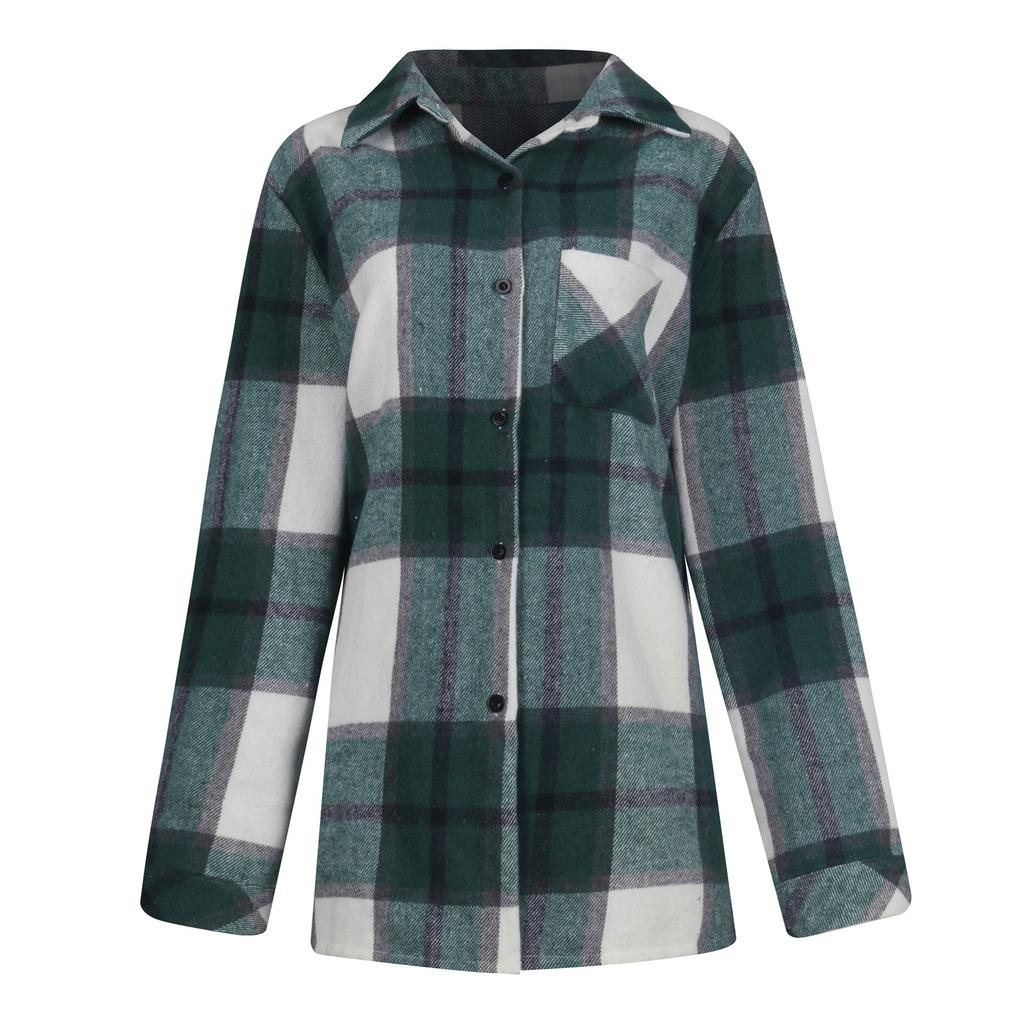Women Loose Top Plaid Color Block Long Sleeve Casual Ladies  Blouse Coat Shirt Jacket