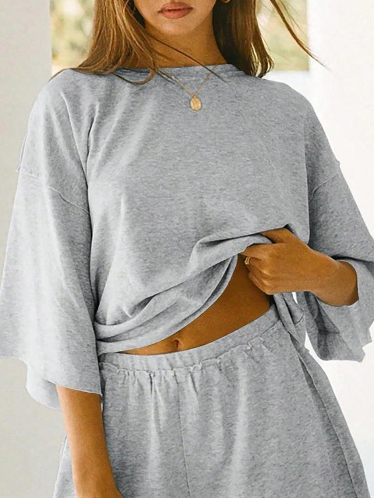 Womens 3/4 Sleeve Lounge Set Oversized Top and Elastic Waist Shorts
