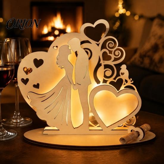 Rustic Wood Carving Art Wooden Couple Ornaments with LED Lights, Romantic Statue Heart Atmospheric Wedding Table Centerpiece Design, Warm Glow