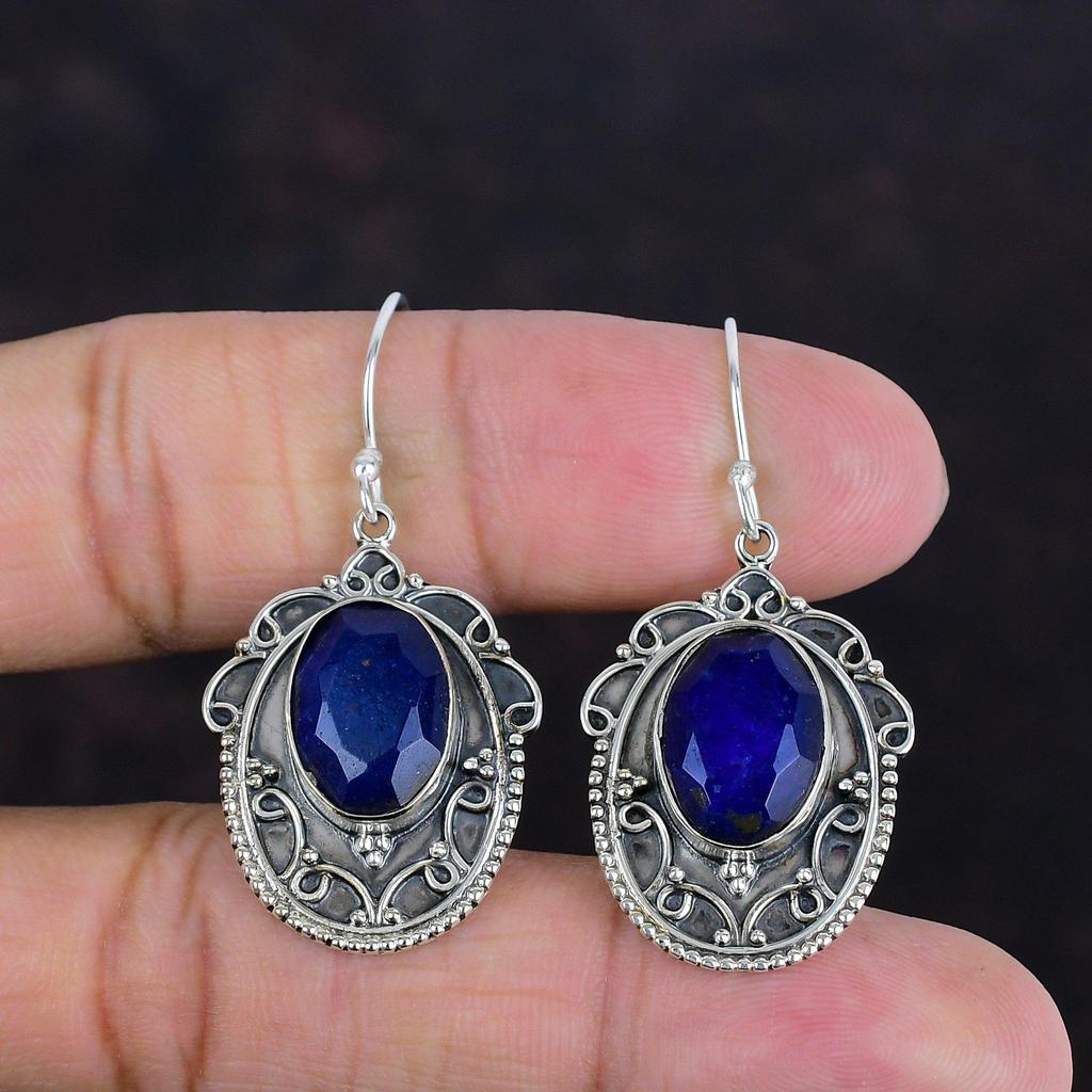 Cercei cu safir albastru fațetat, cercei cu pietre prețioase originale, bijuterii unice, cercei din argint 925, cercei vintage lucrați manual, cadouri pentru soție