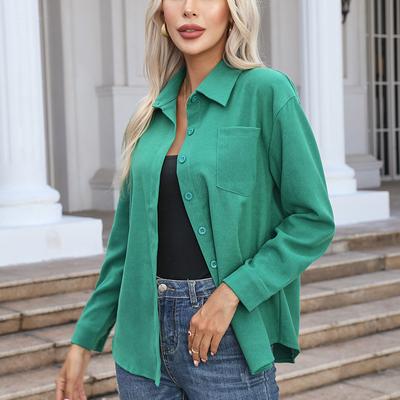 Autumn Winter Casual Polo Collar Brushed Long Sleeve Pocket Women's Shirt