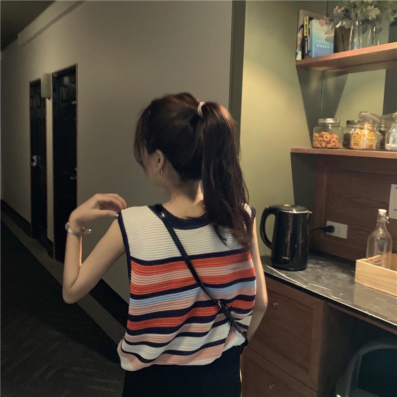 Korean Style Summer Striped Sleeveless Ice Silk Vest for Women