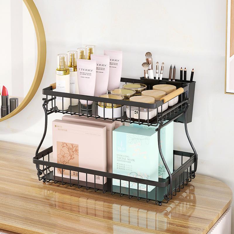 Double-layer removable multi-functional rack, kitchen vegetable rack, living room wooden handle portable vegetable and fruit basket