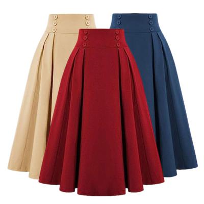 Women Midi Skirt Button Decor A-Line Color Office Casual Skirt Solid High Waist Lady Skirt with