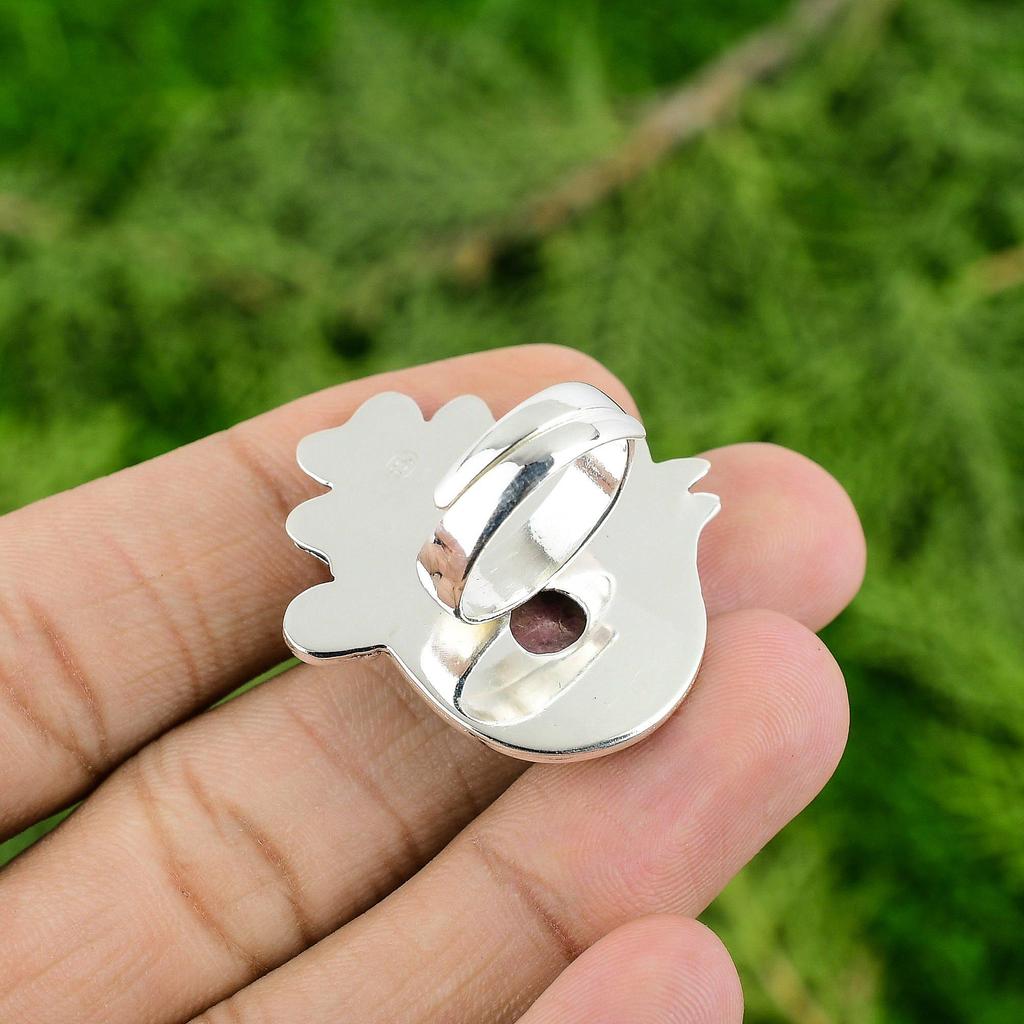 Sterling Silver Round Rhodonite Stone Art Deco Flower Promise Heart Chakra Ring