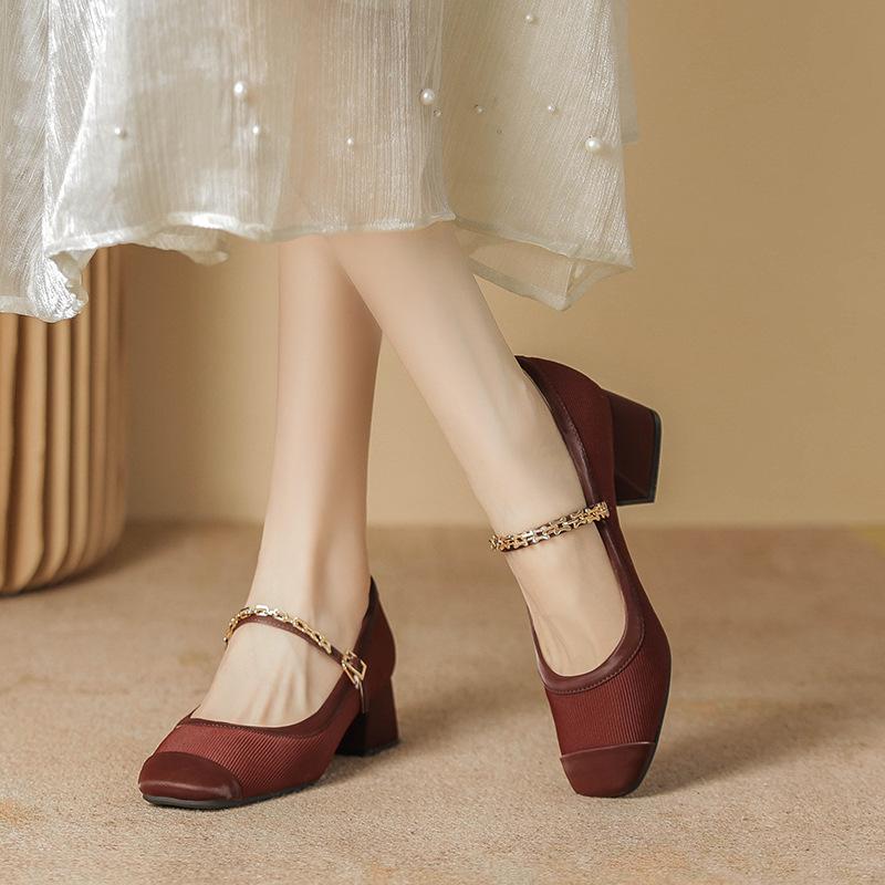 Spring French Retro Burgundy Wedding Shoes Shallow Mouth Mary Jane Square Head Thick Heel One Word Buckle Belt Single Shoes Women