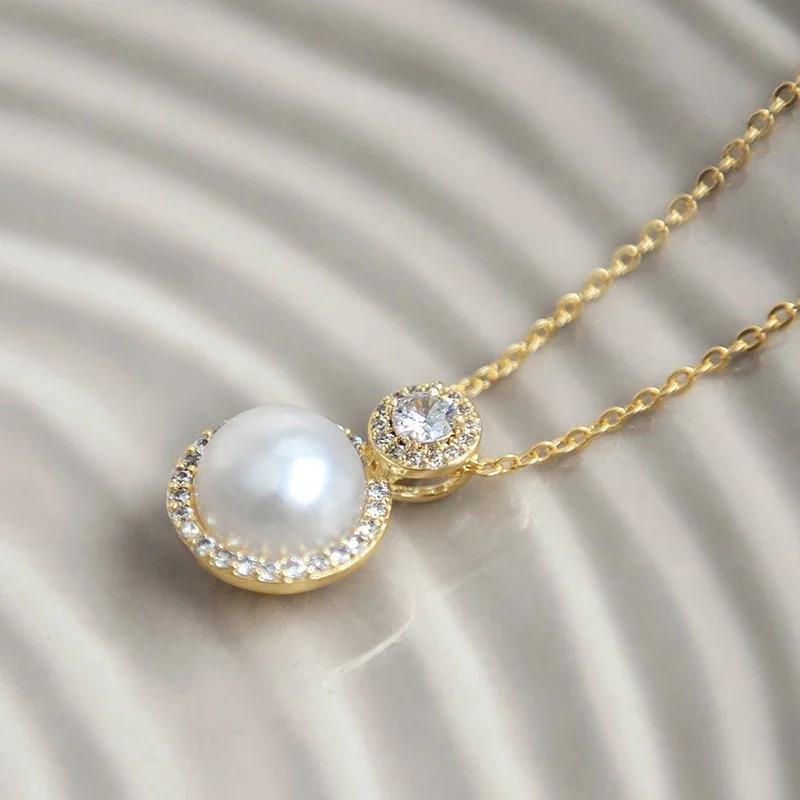 Aesthetic Imitation Pearl Pendant Necklace with Shiny CZ Trendy Graceful Accessories for Women Chic Engagement Jewelry