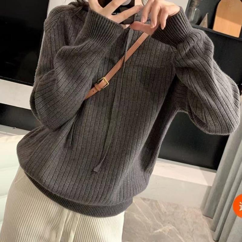 Hooded Pit Strip Pullover Sweater Women's Lazy Casual Soft Waxy and Thin Autumn and Winter New Loose Knitted Sweater