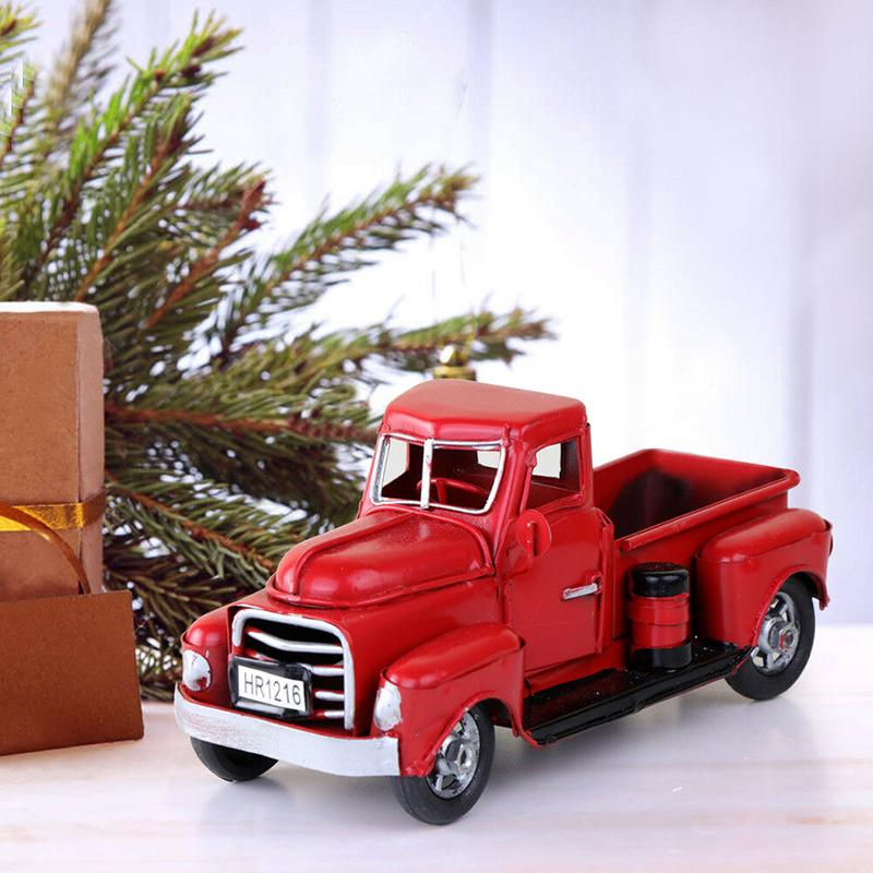 Metal Red Old Truck Christmas Ornament Kids Gifts Car Toy Xmas Table Top Decor