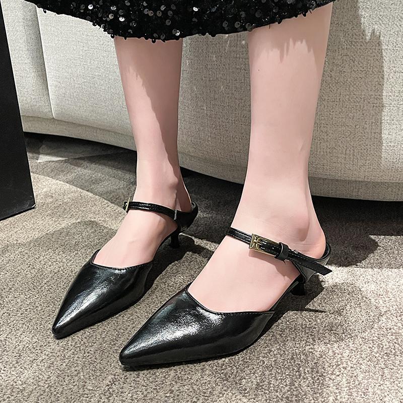 Fashion Baotou Mid-heel Shoes Summer New Pointed Head Shallow Mouth Metal Buckle Set Foot Anti-slip Wear-resistant Slippers