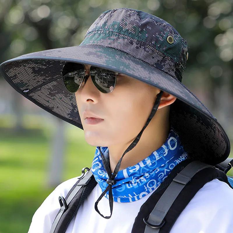 WTEMPO Printed Mesh Patchwork Sun Hats Sun Protection Outdoor Large Brim Sunscreen Hats Summer Men's Travel Hiking Hats