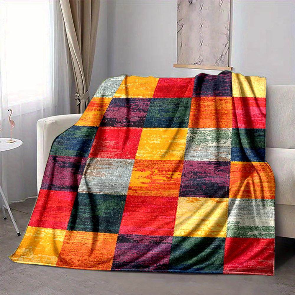 1Pc Abstract Colorful Squares Rug Blanket Soft And Comfortable Casual Warm Camping Travel Christmas Halloween Xmas Gift M928269