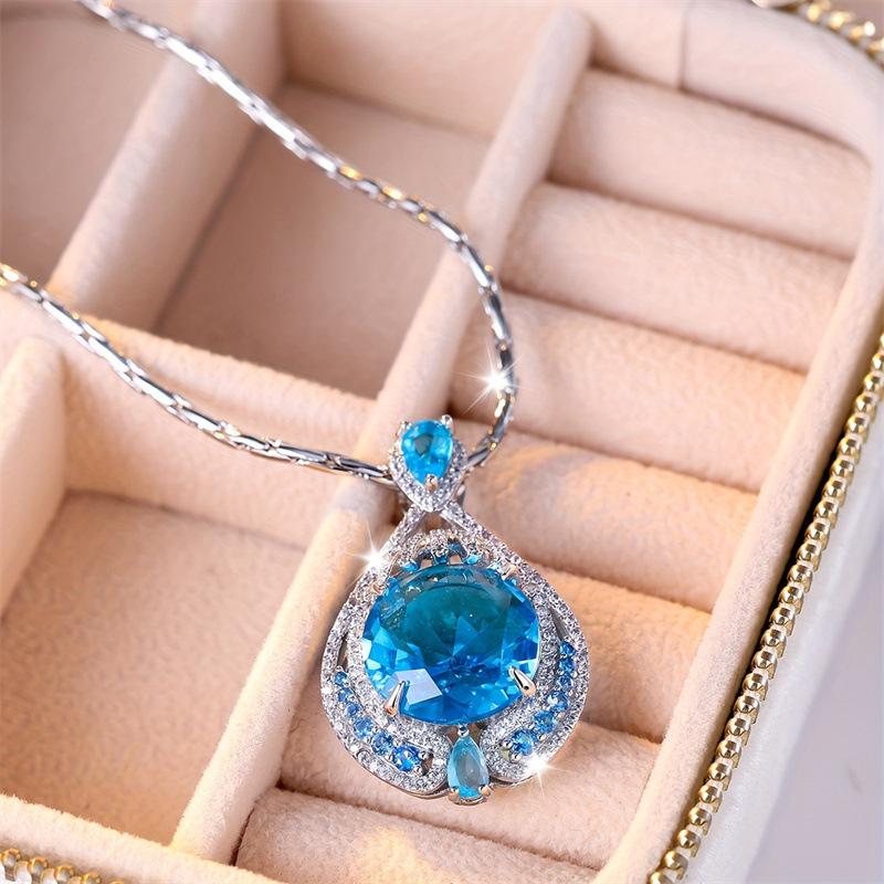 Lucky Star Jewelry Women's Blue High-End Necklace Brilliant Firework Cut Large Gram Colored Zircon Simple Fashionable Color Pendant