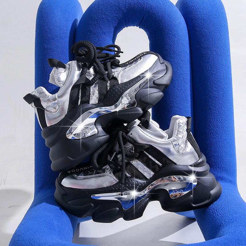 Autumn Winter Chunky Heels Vulcanize Shoes Women Fashion Mix Color Platform Sneakers Woman 2026 Lace-Up Non-Slip Walking Shoes