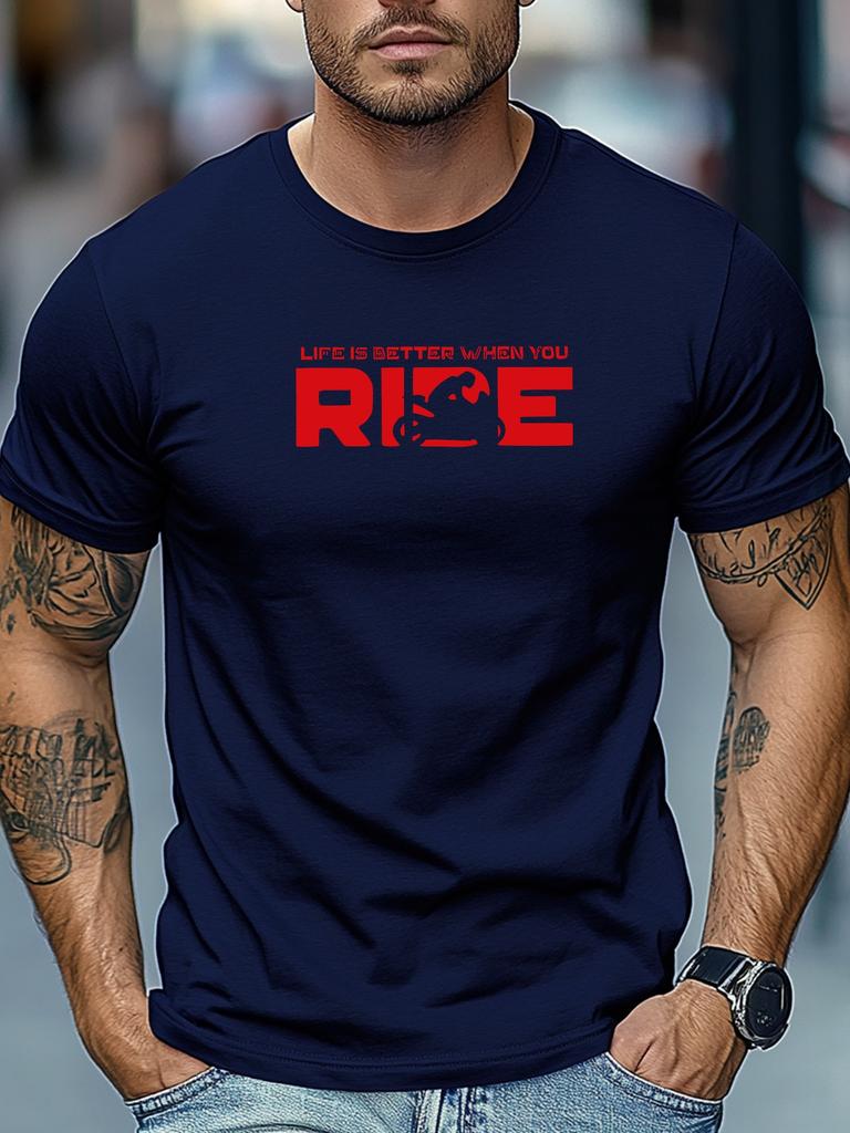 Mens Biking TShirt Life Is Better When You Ride Print Short Sleeve Round Neck Soft Oversized Dynamic Daily Wear