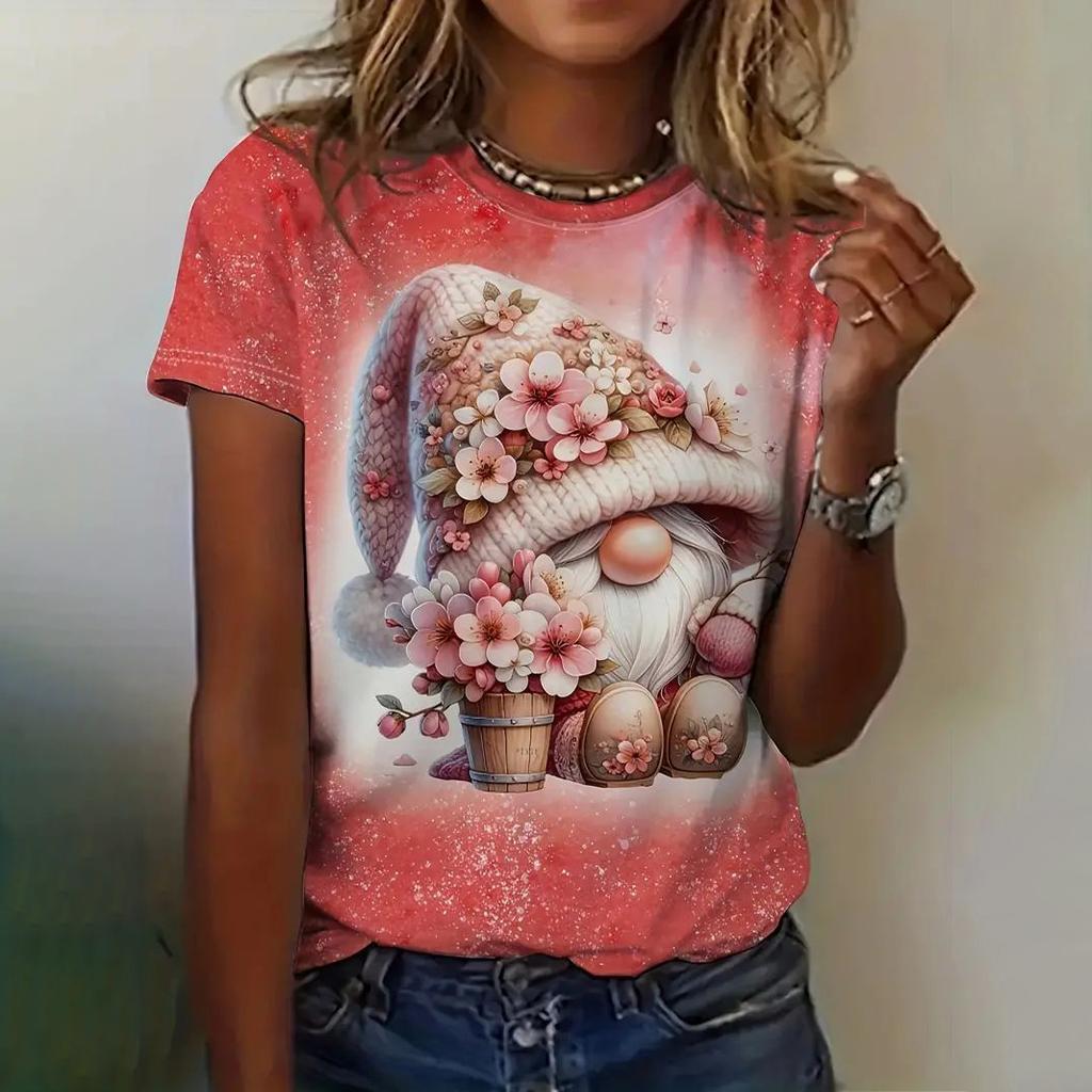 Damen T-Shirt für den Sommer, Cartoon-Druck, lässig, kurzärmelig, Kaninchen-T-Shirts, weiblicher V-Ausschnitt, übergroße Kleidung, modischer Pullover