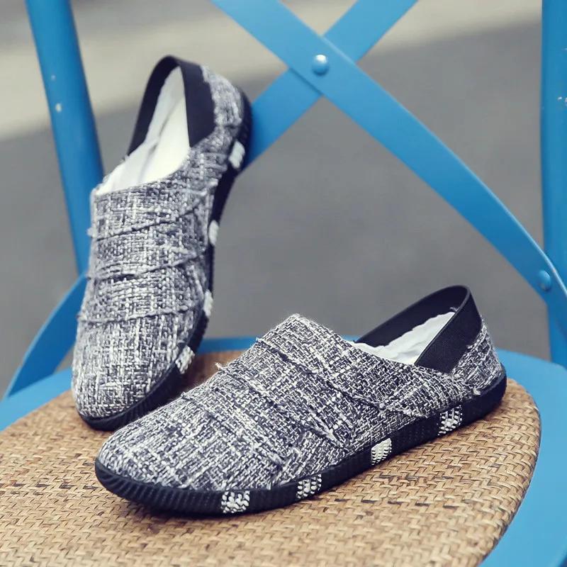 Men's Korean Style Trendy Casual Shoes with One Foot Spring and Summer Linen Canvas Shoes Flat Bottomed Lazy Black Walking Shoes