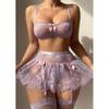 Sexy lingerie lace perspective splicing three-point bra set mesh garter belt women