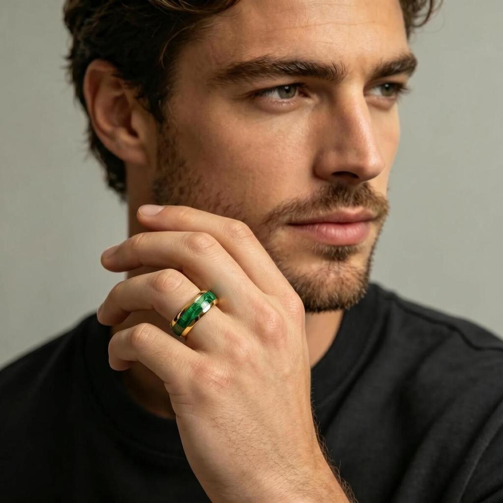 Fashion 8mm Men Stainless Steel Rings Gold Color Brushed Green Koa Wood Inlay Rings for Men Wedding Jewelry Christams Gift