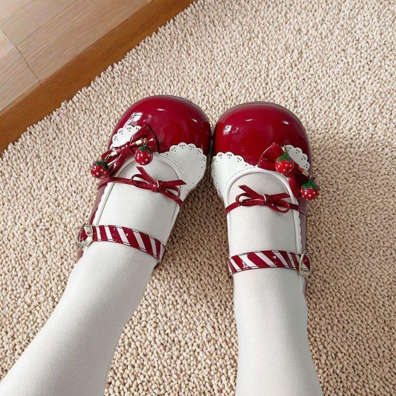 Strawberry Story Original Bow Bell Lolita Shoes Women's Contrast Color Round Head Cute Cute Small Leather Shoes Single Shoes Spot