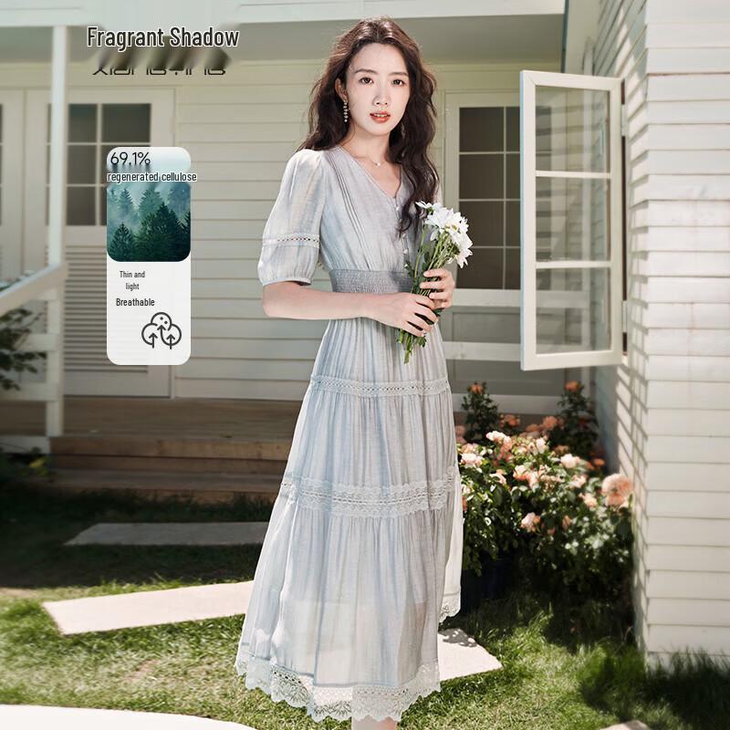 Women s Elegant French Style Lace Puff Sleeve A-line Dress S