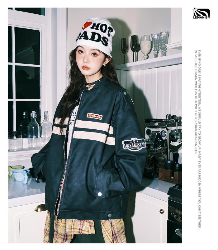 American Retro Striped Color Block Racing Leather Jacket for Men & Women - 2025 Spring Couples' Casual Trend.