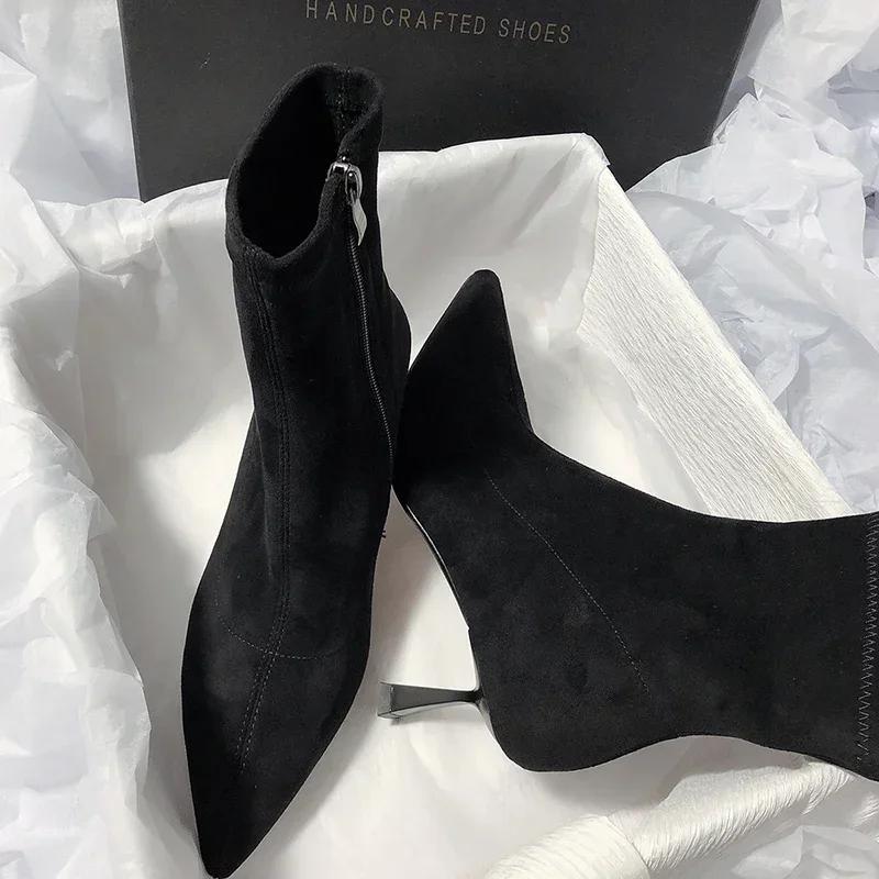 Pointed Toe Sock Short Boots Fashion Side Zipper  Ankle Booties Thin High Heel Autumn Winter Ladies Shoes