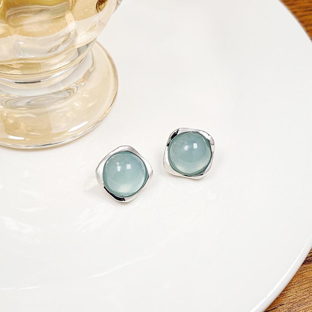 Silver Needle Korean Style High-End Jelly Color Geometric Earrings – Sweet, Fresh, Versatile Square & Round Stud Design