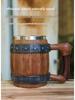 Creative Handmade Wooden Barrel-Style Stainless Steel Beer Mug, Large Capacity
